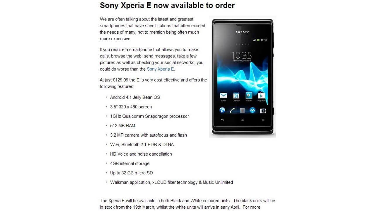 グローバル版Xperia E C1505が英国で3月19日発売