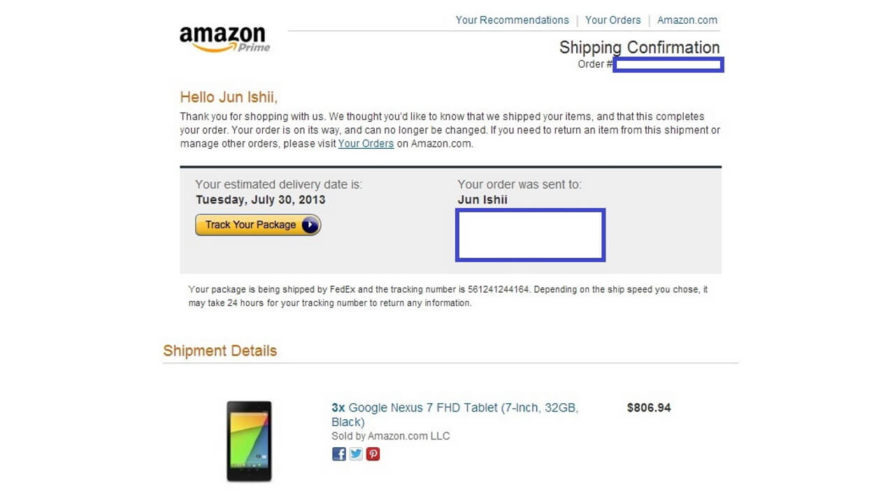 米Amazonで注文したNexus 7（2013）が出荷