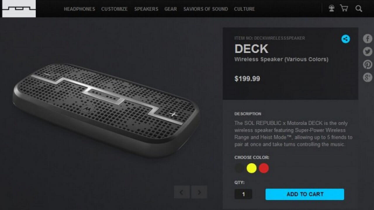 ワイヤレスBluetoothスピーカー「DECK by SOL REPUBLIC x Motorola」Blueがやっと発売