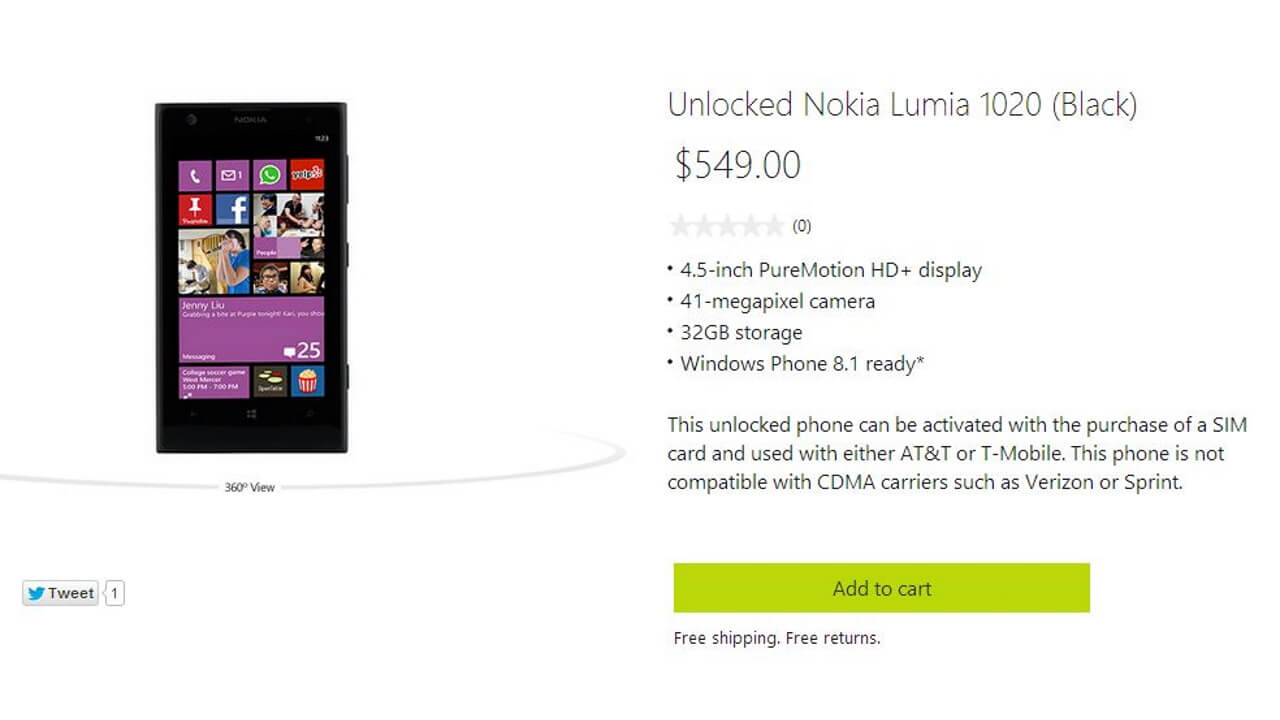 米Microsoft Store、SIMフリーLumia 1020発売