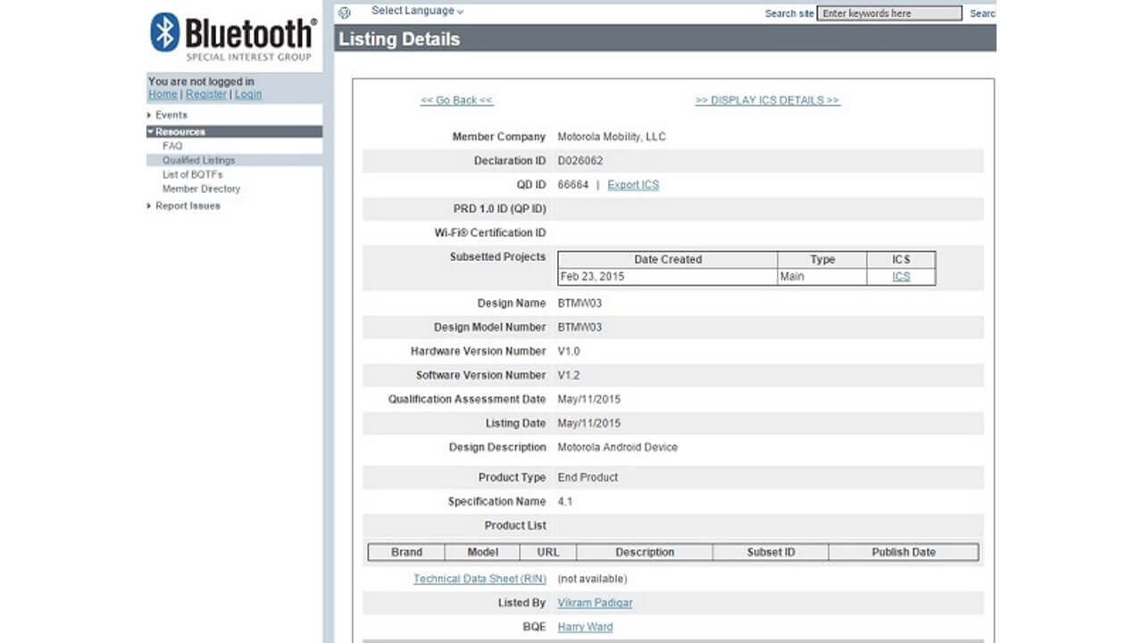 「Moto 360」後継？型番「BTMW03」Bluetooth SIG認証取得