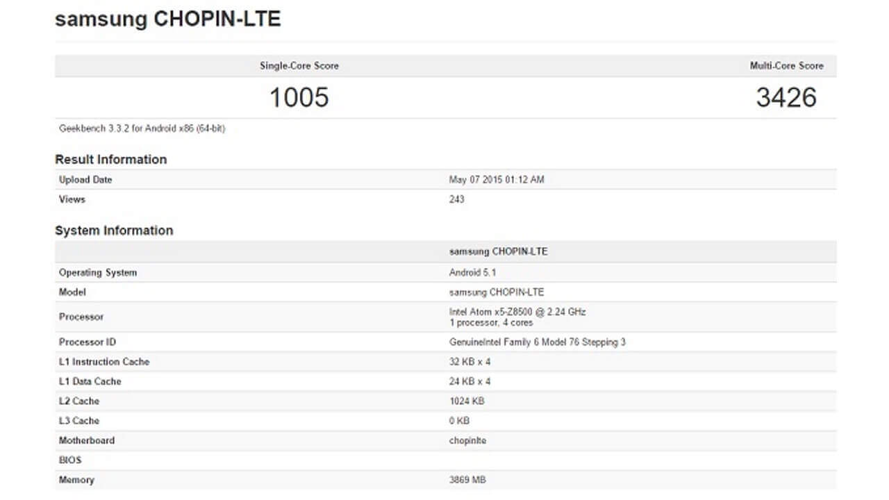 Intel Aton X5/4GB RAM搭載Samsung製「CHOPIN-LTE」ベンチマーク登場