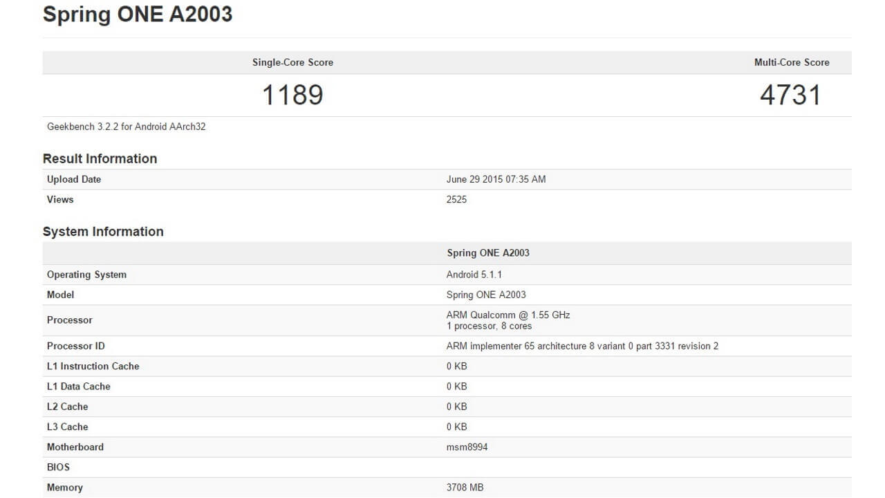 4GB RAM搭載「OnePlus 2（Spring ONE A2003）」Geekbench登場