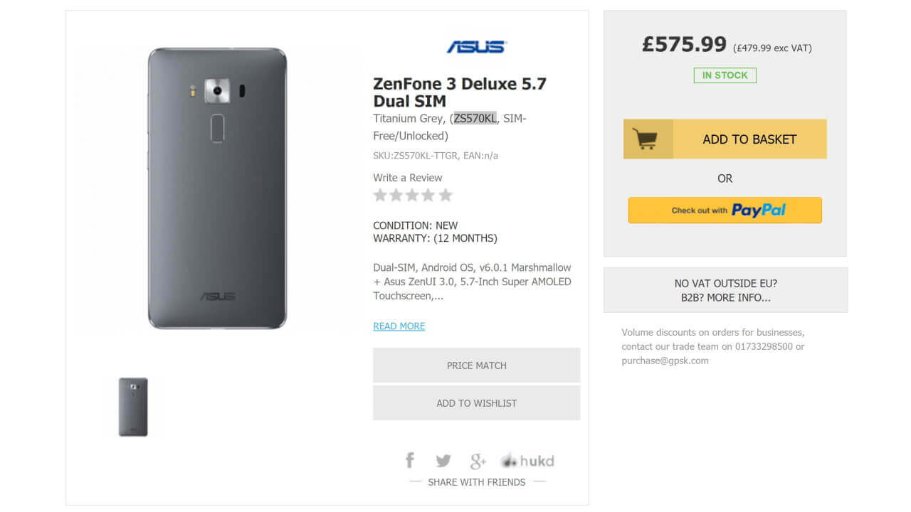 Handtec、最上位「ZenFone 3 Deluxe（ZS570KL）」チタニウムグレー発売