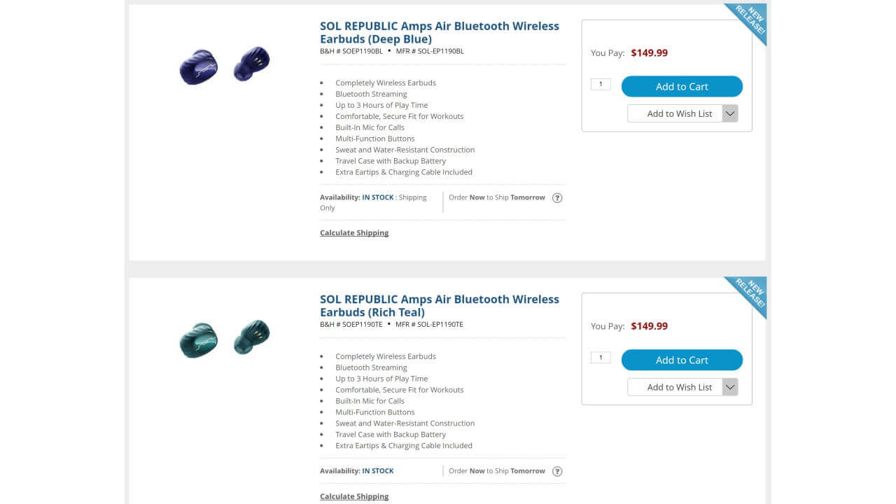 米B&Hに「SOL REPUBLIC Amps Air」ブルー/ティール入荷