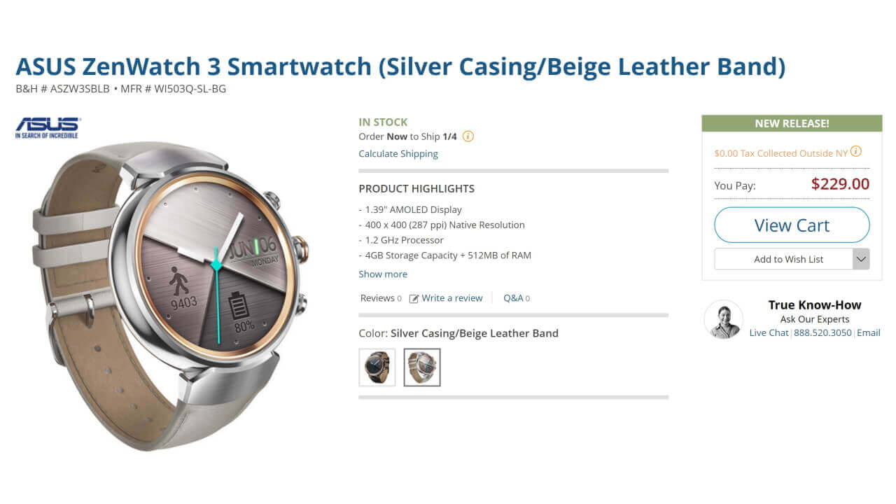 米B&Hに「ZenWatch 3」シルバー/レザーストラップ入荷