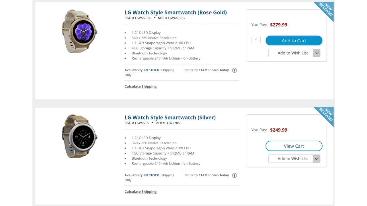 米B&Hに「LG Watch Style」シルバー/ローズゴールド早速入荷